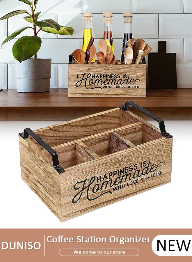 DUNISO حامل أدوات المطبخ، منظم خشبي كبير بتصميم ريفي مع 4 أقسام، حاملة أدوات فضية مع مقبض للشوك، الملاعق، الأطباق، المناديل، حاملة أدوات للمطبخ، الحفلات، التخييم، النزهات - Image 1