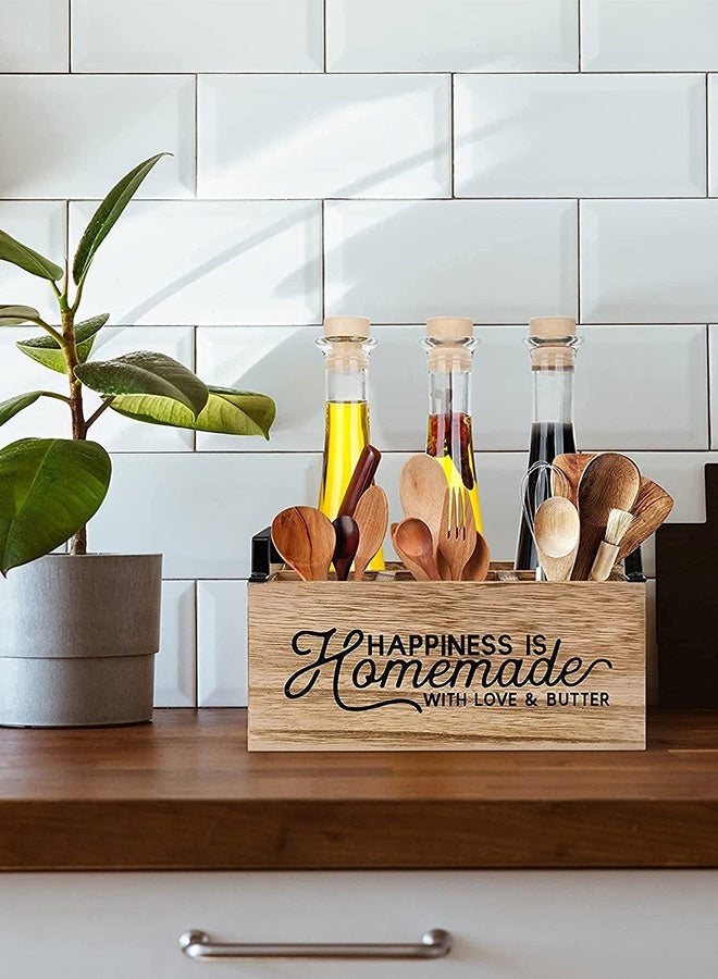 DUNISO حامل أدوات المطبخ، منظم خشبي كبير بتصميم ريفي مع 4 أقسام، حاملة أدوات فضية مع مقبض للشوك، الملاعق، الأطباق، المناديل، حاملة أدوات للمطبخ، الحفلات، التخييم، النزهات - Image 5