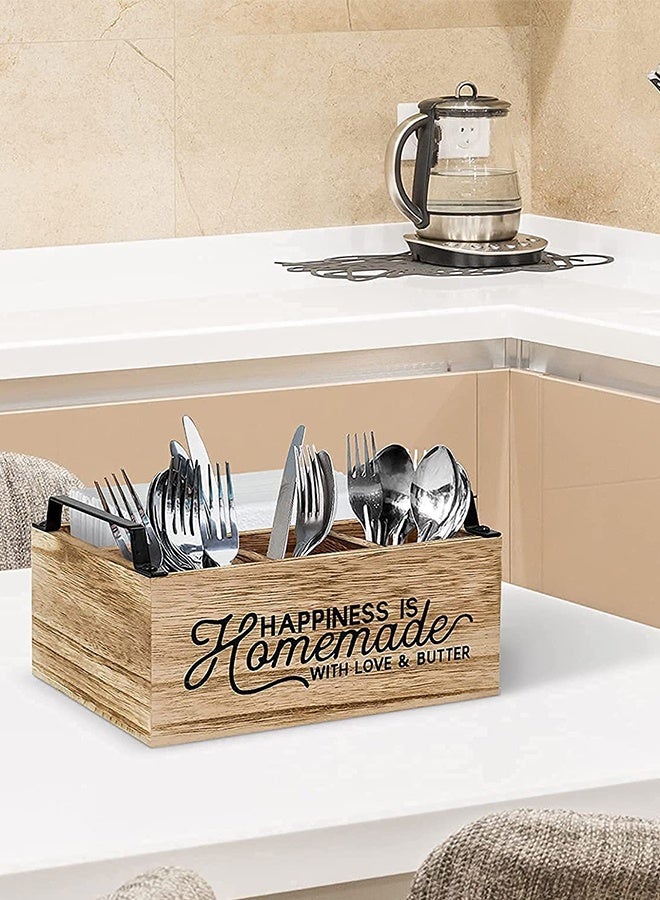 DUNISO حامل أدوات المطبخ، منظم خشبي كبير بتصميم ريفي مع 4 أقسام، حاملة أدوات فضية مع مقبض للشوك، الملاعق، الأطباق، المناديل، حاملة أدوات للمطبخ، الحفلات، التخييم، النزهات - Image 3
