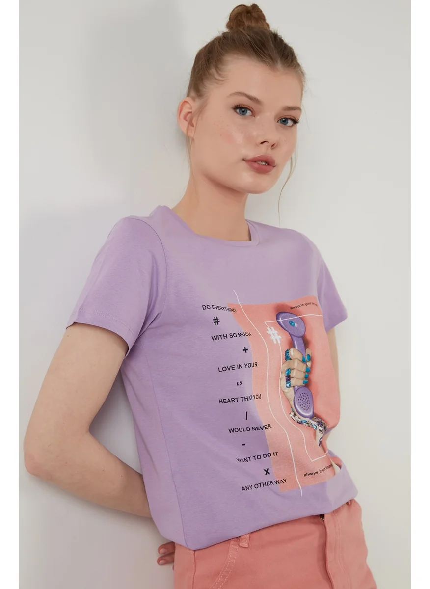 Lela Printed Crew Neck 100% Cotton T Shirt Women's T Shirt 6001003