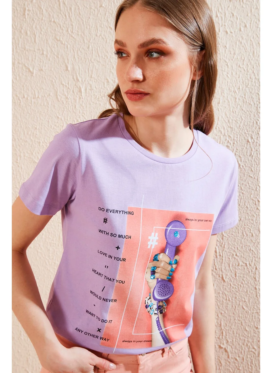 Lela Printed Crew Neck 100% Cotton T Shirt Women's T Shirt 6001003