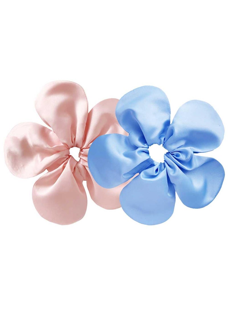 Teensery Teensery 2 Pcs Large Flower Shape Hair Scrunchies Elastic Fabric Hair Ties Hair Rings Fashion Ponytail Holder Hair Accessories for Women and Girls Blue and Pink 