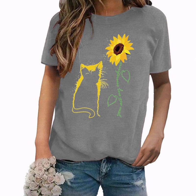 Wish Independent Station Cat Sunflower Pattern Printed Short Sleeve T-Shirt Women - Image 4