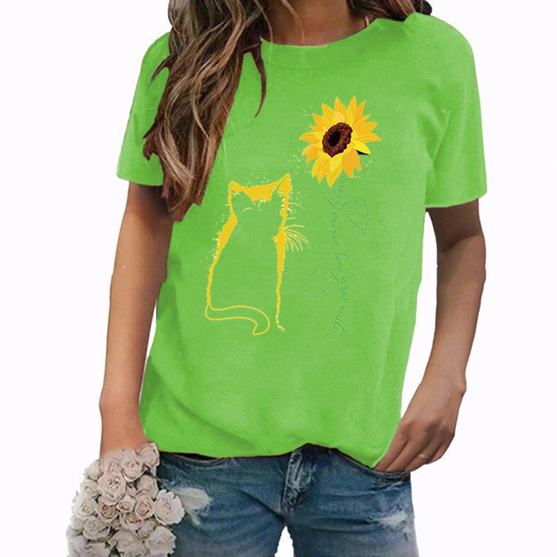 Wish Independent Station Cat Sunflower Pattern Printed Short Sleeve T-Shirt Women - Image 1