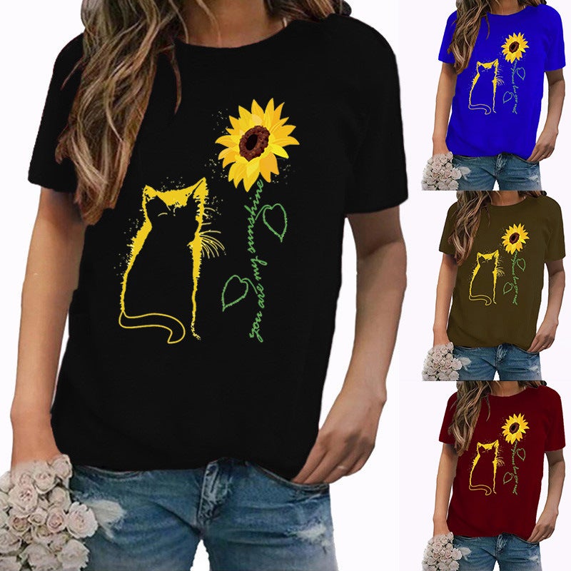 Wish Independent Station Cat Sunflower Pattern Printed Short Sleeve T-Shirt Women - Image 2
