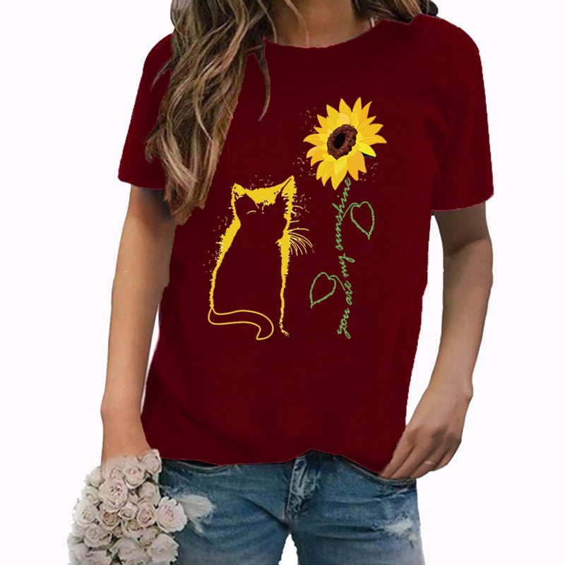 Wish Independent Station Cat Sunflower Pattern Printed Short Sleeve T-Shirt Women - Image 5