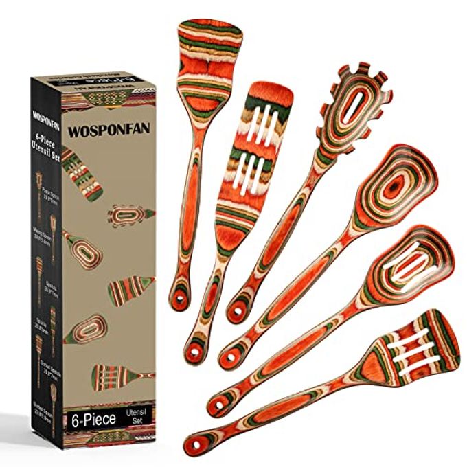 wosponfan Wooden Spoons for Cooking, WOSPONFAN Kitchen Utensils Set, Pakkawood Kitchen Cooking Utensils Set, Apartment Essentials Wood Serving Spatula spoon, Salad Tongs, Home & kitchen Gift for Women - Image 4
