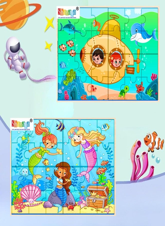SHANAYA 36 Pieces Wooden Jigsaw Puzzle Kids Cartoon Animal Vehicle Puzzles Games Baby Early Learning Educational Toys for Children 2 Sided Puzzle (Mermaids + Submarine) - Image 1