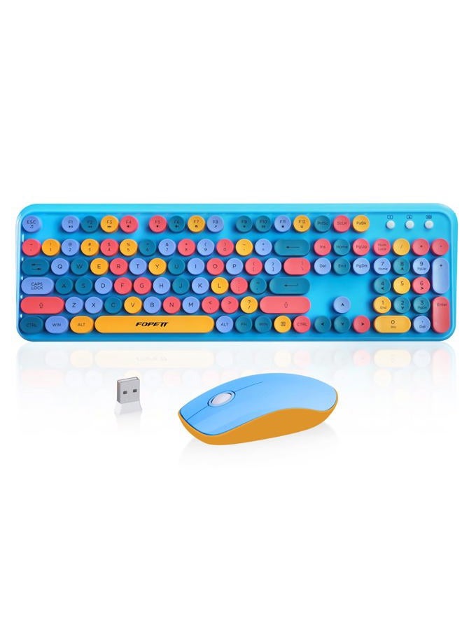 FOPETT Wireless Keyboard and Mouse, Keyboard Mouse Combo, 2.4 GHz Wireless Full-Sized Typewriter Keyboard with Round Keycaps, Keyboard for Windows, Computer, Desktop, PC, Laptop (Blue) - Image 1