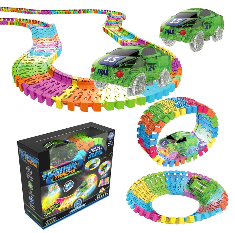 Mindscope Twister Tracks Neon Glow in The Dark 221 Piece (11 feet) of Flexible Assembly Track Race Series - Image 1