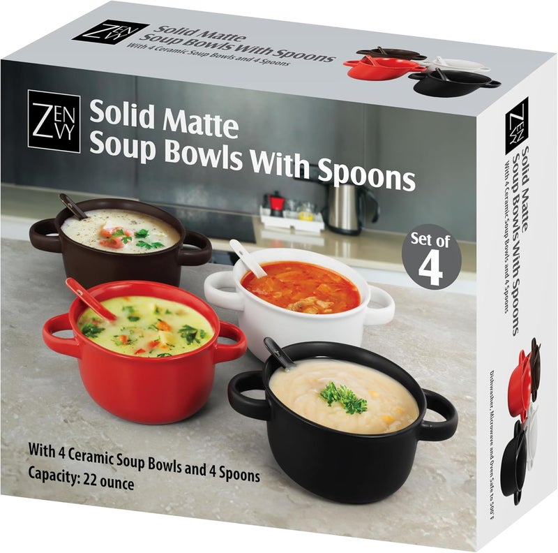 ZENVY Soup Bowl Set of 4  Ceramic Soup Bowls and Spoons  22 Ounce Solid Matte - Image 2