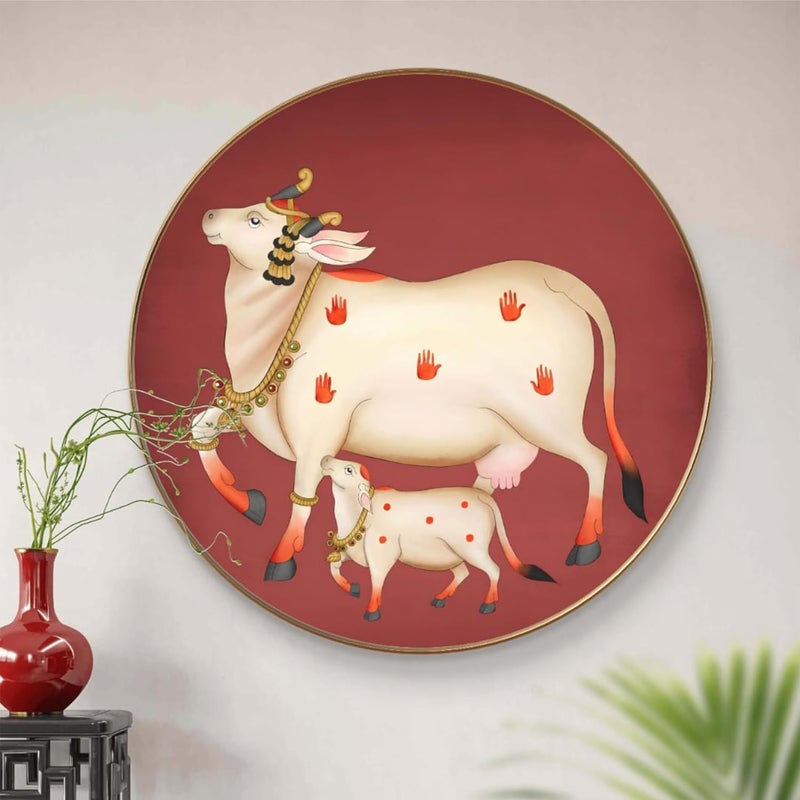 Livin'luxe Livinluxe paintings Beautiful Cow Pichwai Premium Sparkle lamination Golden Slim Frame 58 cm x 58 cm Large Size For HomeOfficeHotel painting GR05