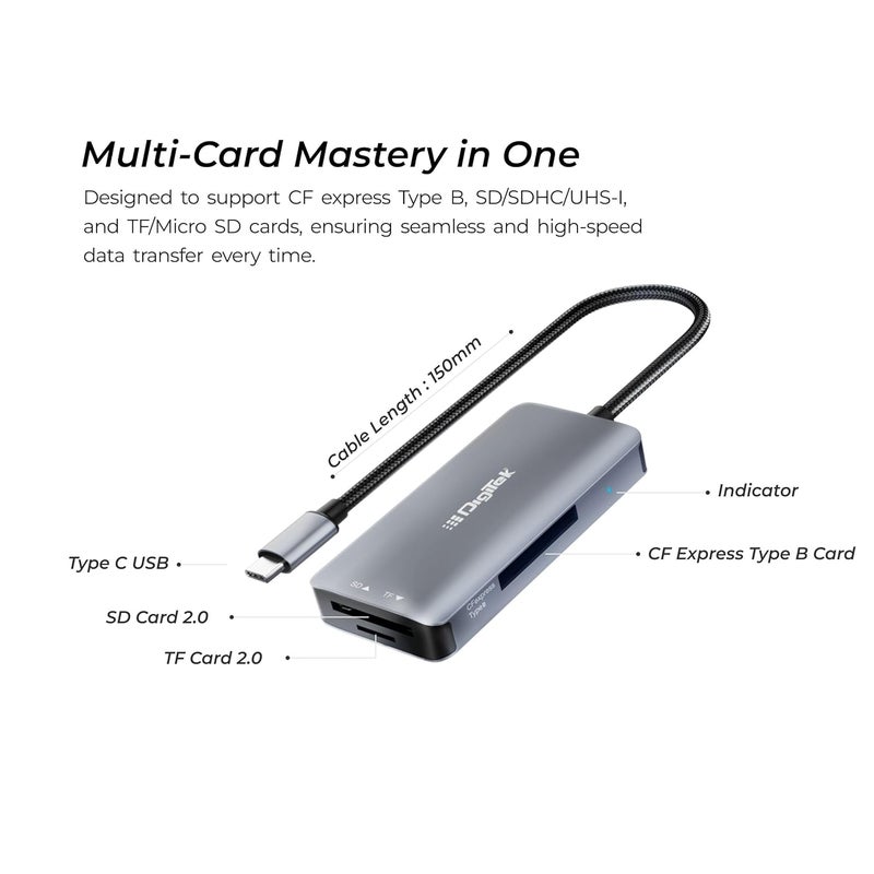 Digitek ® (DCR-104 CFB) 2 في 2 CF Express نوع B و SDXC، قارئ بطاقات USB 3.2 و 3.0، يدعم بطاقات SD/SDHC/SDXC/UHS-I/UHS II، يدعم Mac OS و iPad OS و Windows و Android و Linux و Harmony - Image 4