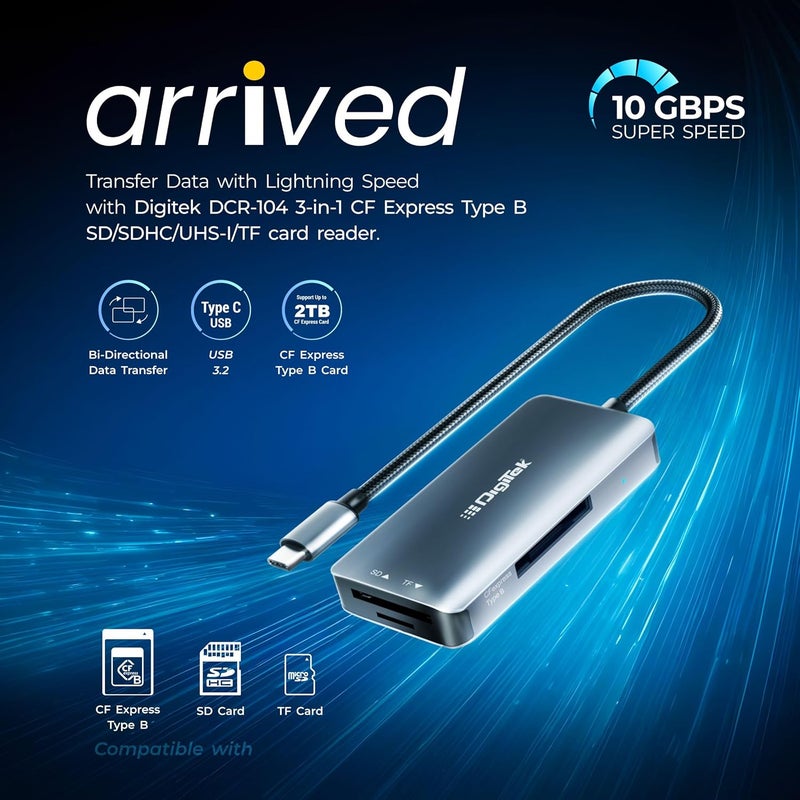 Digitek ® (DCR-104 CFB) 2 في 2 CF Express نوع B و SDXC، قارئ بطاقات USB 3.2 و 3.0، يدعم بطاقات SD/SDHC/SDXC/UHS-I/UHS II، يدعم Mac OS و iPad OS و Windows و Android و Linux و Harmony - Image 2