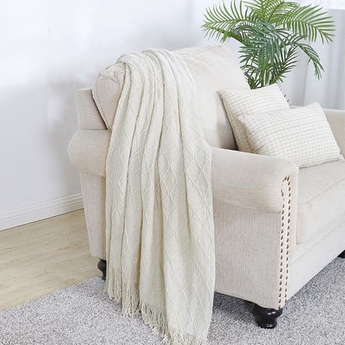 BOURINA Beige Throw Blanket 50x60 Inches Throw Textured Solid Soft Sofa Couch Decorative Knit Blanket - Image 2