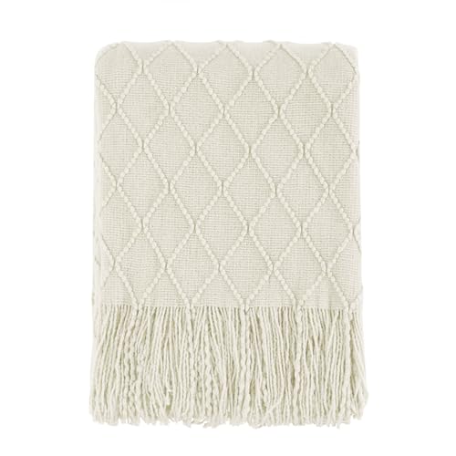 BOURINA Beige Throw Blanket 50x60 Inches Throw Textured Solid Soft Sofa Couch Decorative Knit Blanket - Image 1