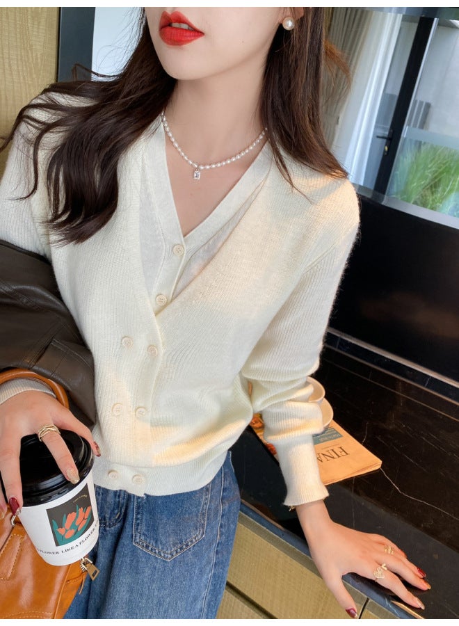 Song Feng Ya False Two-piece Knit Sweater Women Early Autumn New Style Popular V-neck Sweater Base Layer Inner Wear Autumn Winter Long Sleeve Top - Image 1