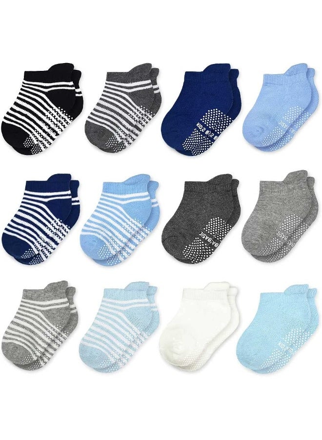 Tphon 12 Pairs Toddler Non Skid Socks with Grips Anti Slip Bottom, Cotton Non Slip Ankle Crew Socks for Boys, Girls, Kids(1-3Years) - Image 1