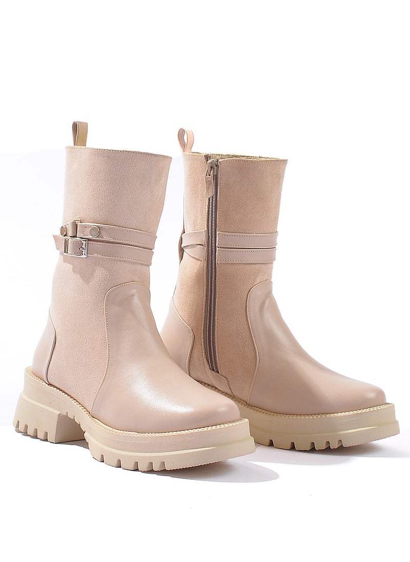 Run  - Half Boot Elegant Suede Two Buckles-Beige - Image 1