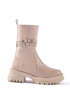 Half Boot Elegant Suede Two Buckles-Beige