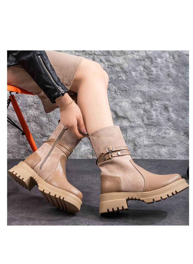Run  - Half Boot Elegant Suede Two Buckles-Beige - Image 1