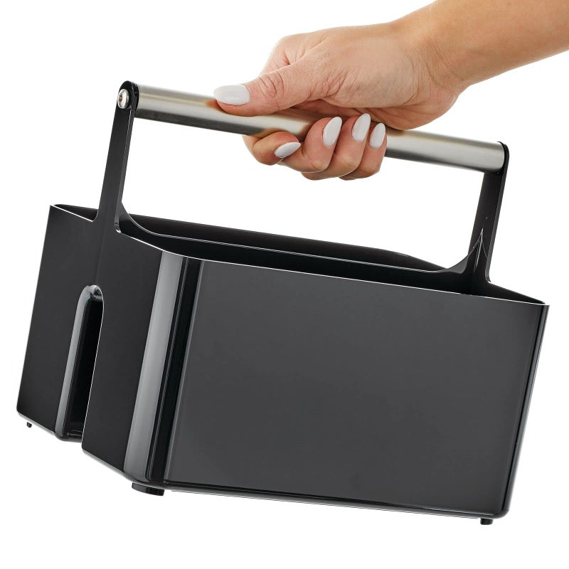 mDesign Plastic Shower Caddy Storage Organizer Utility Tote, Divided Basket Bin - Metal Handle for Bathroom, Dorm, Kitchen, Holds Soap, Shampoo, Conditioner - Aura Collection - Black/Brushed Chrome - Image 4