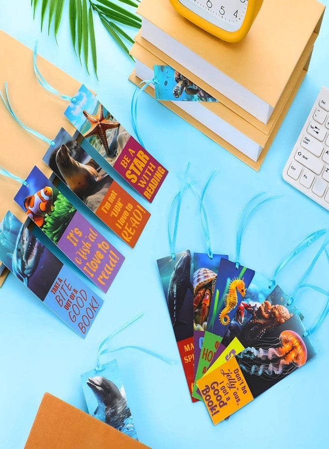 PerKoop 60 Pieces Realistic Ocean Bookmarks with Ribbon Bulk for Reading with Cute Sea Animals Encouragement Bookmarks for Students School Party Rewards Gifts - Image 3
