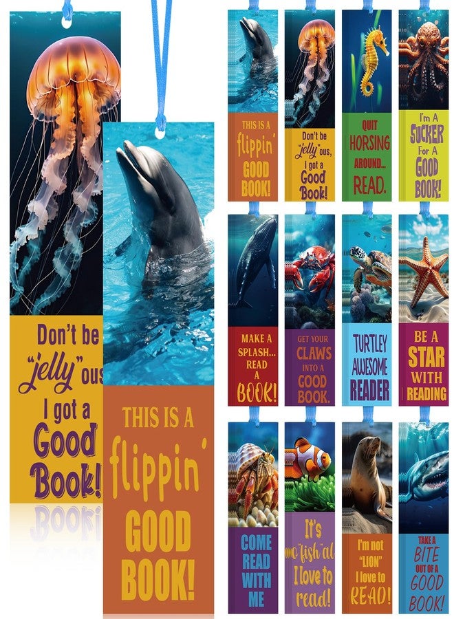 PerKoop 60 Pieces Realistic Ocean Bookmarks with Ribbon Bulk for Reading with Cute Sea Animals Encouragement Bookmarks for Students School Party Rewards Gifts - Image 1