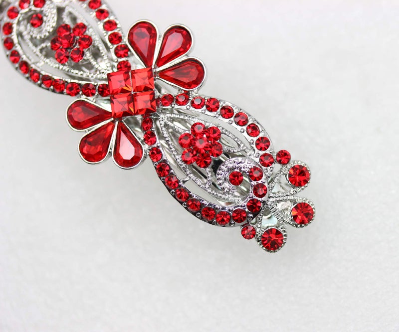 Faship Red Rhinestone Crystal Floral Hair Barrette Clip - Image 2