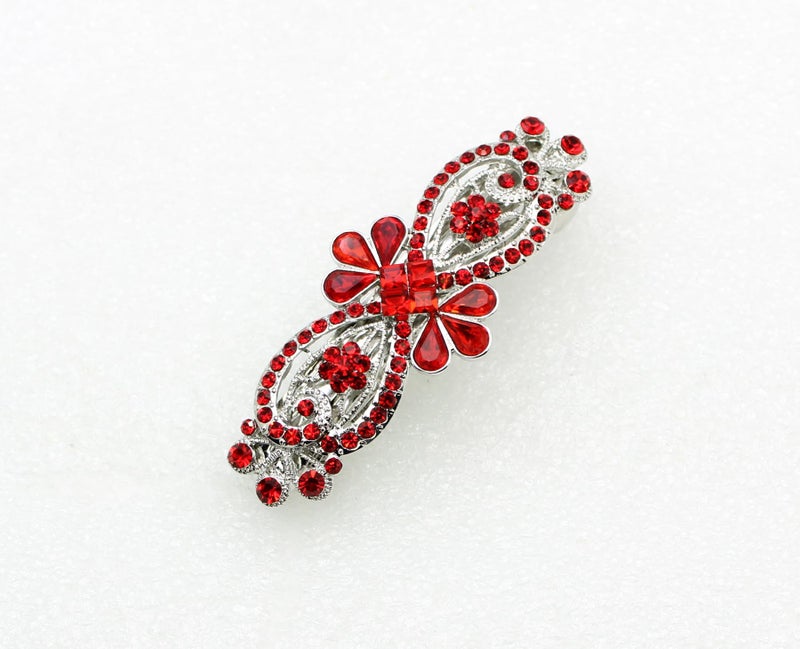 Faship Red Rhinestone Crystal Floral Hair Barrette Clip - Image 3