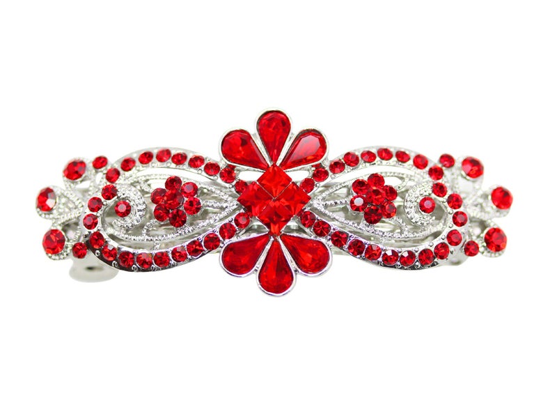 Faship Red Rhinestone Crystal Floral Hair Barrette Clip - Image 1