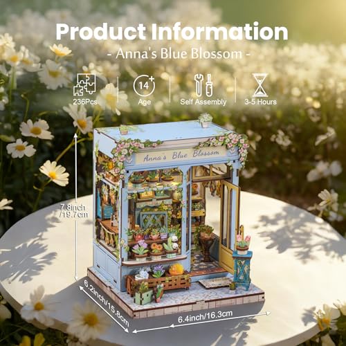 Fsolis Book Nook Kit DIY Scene Miniature Dollhouse Kit for Adults Bookshelf 3D Puzzles 255PCS Tiny House Mini Flower Shop Model Booknook Craft Gifts for Women Puzzle Lovers Annas Blue Blossom - Image 5