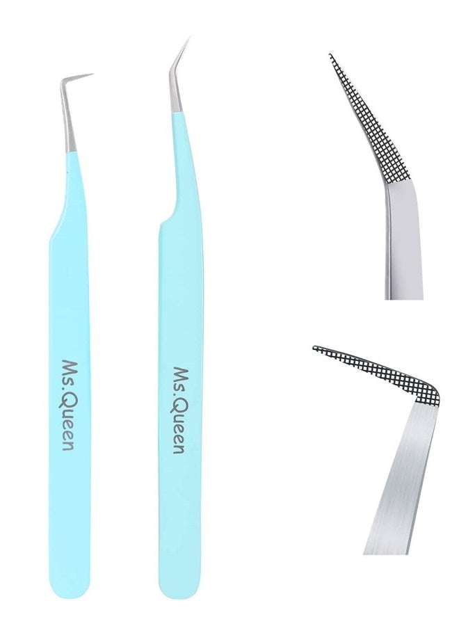 Ms.Queen Eyelash Tweezers for Extensions, 2Pcs Fiber Tip Grip 45 and 90 Degree Mega Volume Tweezers Set for Lash Extensions-Blue - Image 1