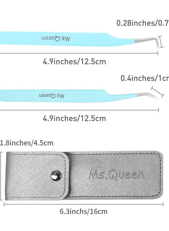 Ms.Queen Eyelash Tweezers for Extensions, 2Pcs Fiber Tip Grip 45 and 90 Degree Mega Volume Tweezers Set for Lash Extensions-Blue - Image 5