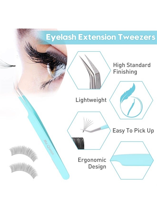 Ms.Queen Eyelash Tweezers for Extensions, 2Pcs Fiber Tip Grip 45 and 90 Degree Mega Volume Tweezers Set for Lash Extensions-Blue - Image 3