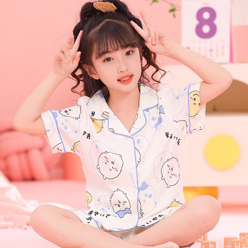 Cloud Cotton Children'S Pajamas Short-Sleeved Summer Thin Lapel Suit Girl'S Little Girl'S Middle And Big Baby'S Home Clothes - Image 3