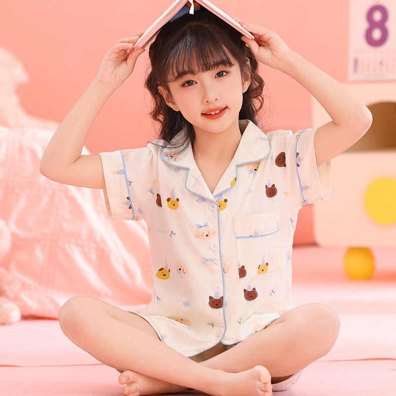 Cloud Cotton Children'S Pajamas Short-Sleeved Summer Thin Lapel Suit Girl'S Little Girl'S Middle And Big Baby'S Home Clothes - Image 1