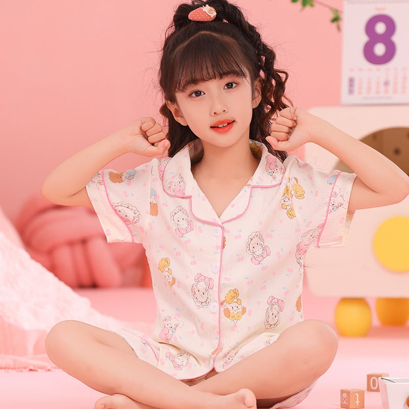 Cloud Cotton Children'S Pajamas Short-Sleeved Summer Thin Lapel Suit Girl'S Little Girl'S Middle And Big Baby'S Home Clothes - Image 4