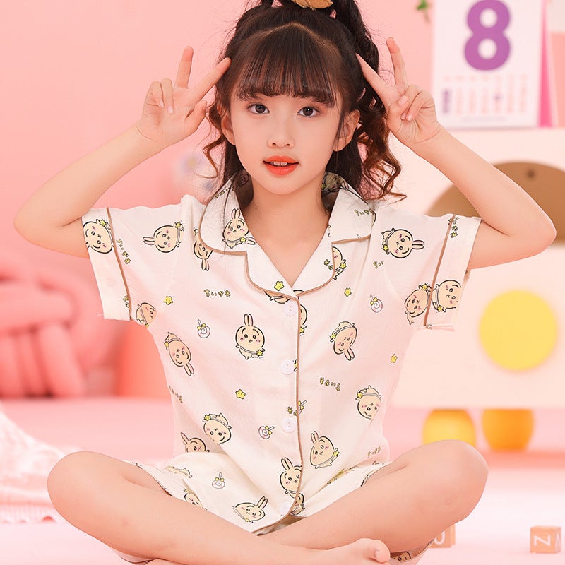 Cloud Cotton Children'S Pajamas Short-Sleeved Summer Thin Lapel Suit Girl'S Little Girl'S Middle And Big Baby'S Home Clothes - Image 2