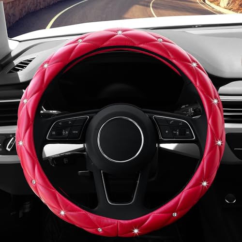 YOGURTCK Cute Diamond Soft Leather Anti-Slip Steering Wheel Cover with Bling Bling Crystal Rhinestones, Universal 15 Inch for Women Girls, Fit Vehicles, Sedans, SUVs, Vans, Trucks - Red - Image 3