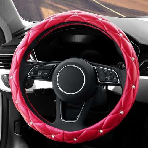 YOGURTCK Cute Diamond Soft Leather Anti-Slip Steering Wheel Cover with Bling Bling Crystal Rhinestones, Universal 15 Inch for Women Girls, Fit Vehicles, Sedans, SUVs, Vans, Trucks - Red - Image 4