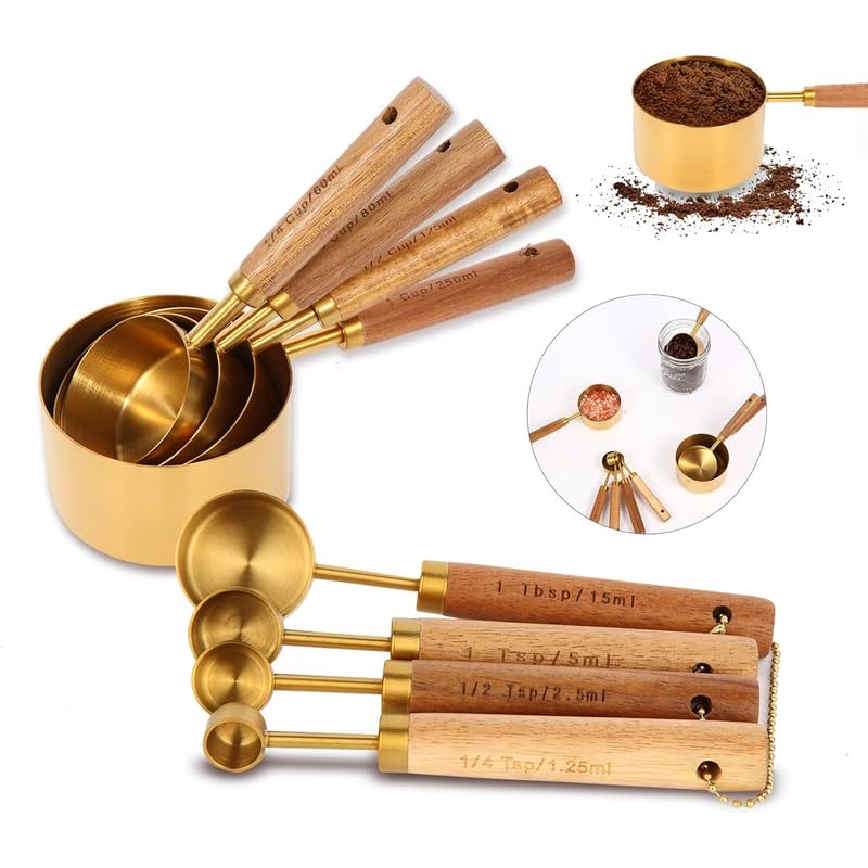 Royalkart Measuring Cups and Spoons with Wood Handle Set of 8 Stainless Steel Golden Polished Finish Baking Tools Dry Liquid Measuring Cup for Cooking - Image 2