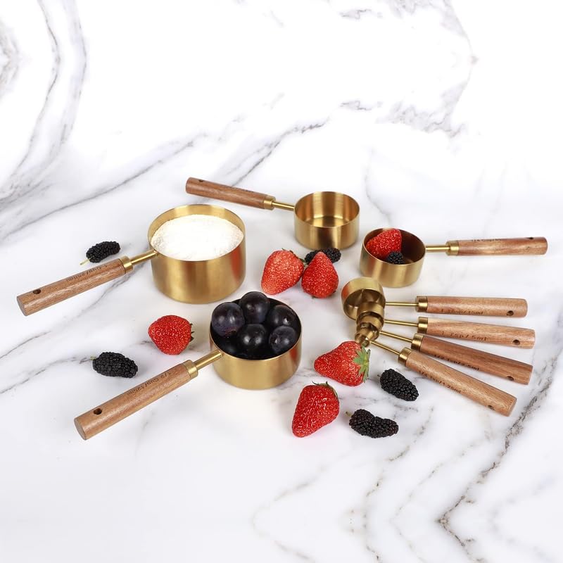 Royalkart Measuring Cups and Spoons with Wood Handle Set of 8 Stainless Steel Golden Polished Finish Baking Tools Dry Liquid Measuring Cup for Cooking - Image 4
