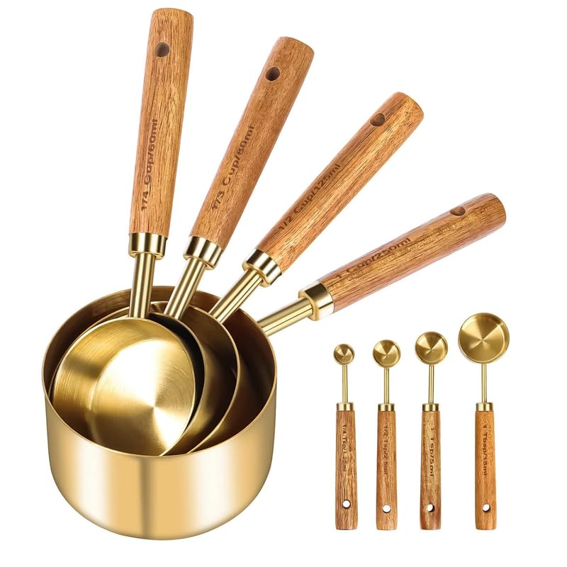 Royalkart Measuring Cups and Spoons with Wood Handle Set of 8 Stainless Steel Golden Polished Finish Baking Tools Dry Liquid Measuring Cup for Cooking - Image 1