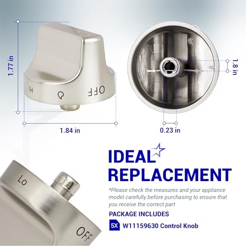 BlueStars Upgraded W11159630 W11023139 Surface Burner Knob Control Knob Compatible with Whirlpool Gas Range Replaces KIP 5T09 AP6284486 4813782 PS12347845 Stainless Steel Pack 5 - Image 3
