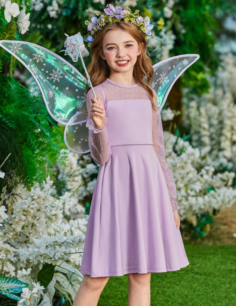 Arshiner Girl's Dress Polka Dots Mesh Long Sleeve Cute Spring Purple Flared Party A Line Fall DressDress 11-12 Years - Image 3