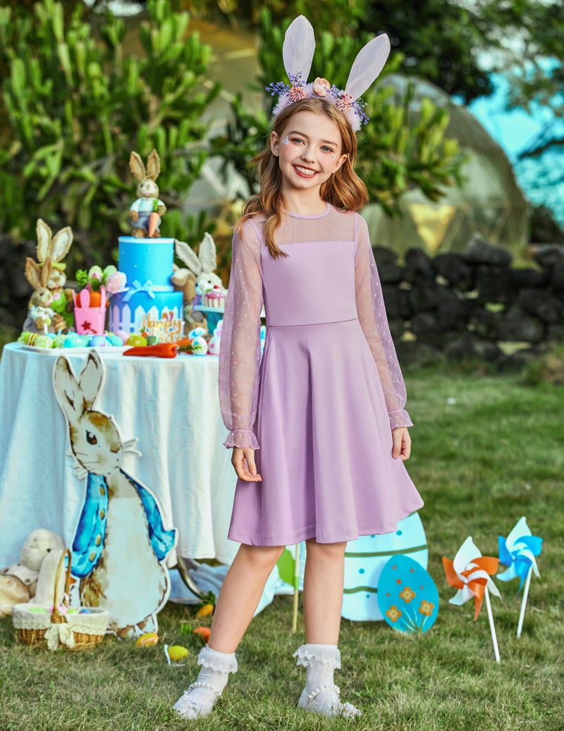 Arshiner Girl's Dress Polka Dots Mesh Long Sleeve Cute Spring Purple Flared Party A Line Fall DressDress 11-12 Years - Image 4