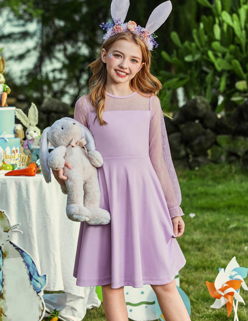 Arshiner Girl's Dress Polka Dots Mesh Long Sleeve Cute Spring Purple Flared Party A Line Fall DressDress 11-12 Years - Image 2