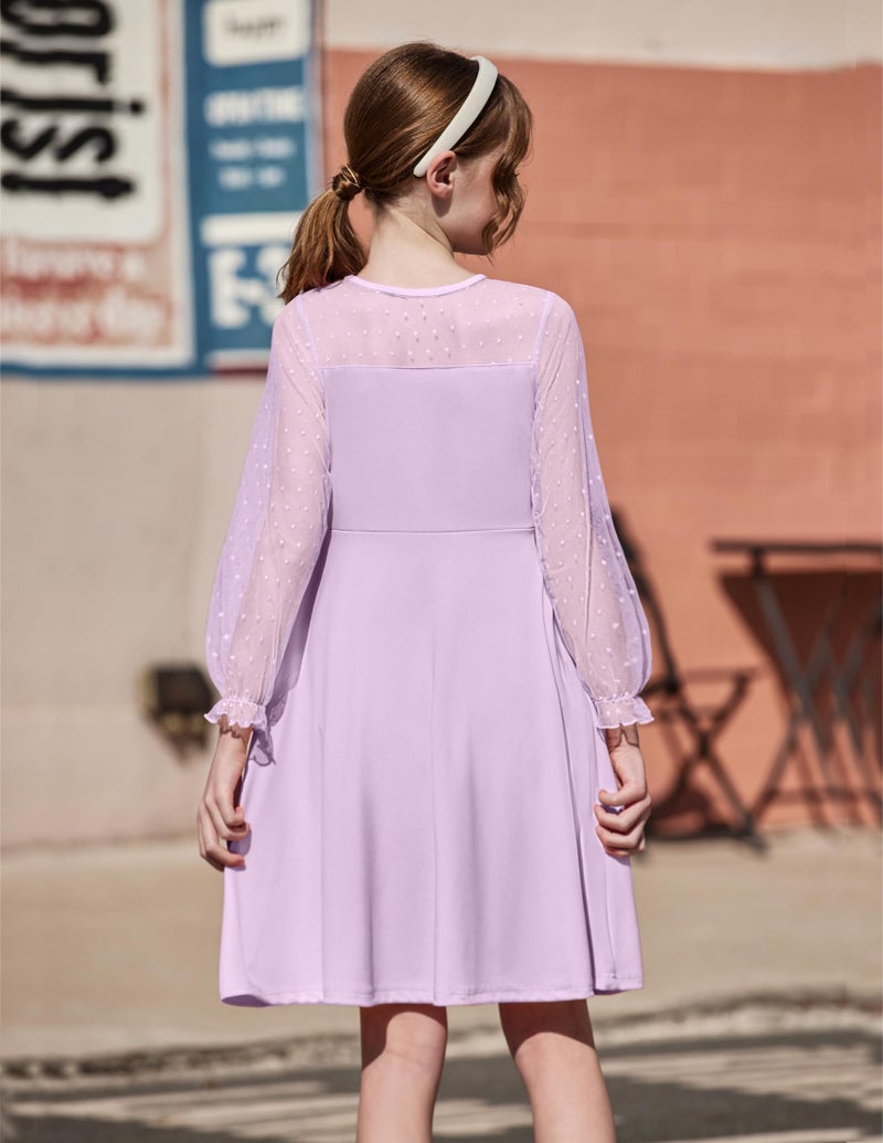 Arshiner Girl's Dress Polka Dots Mesh Long Sleeve Cute Spring Purple Flared Party A Line Fall DressDress 11-12 Years - Image 5