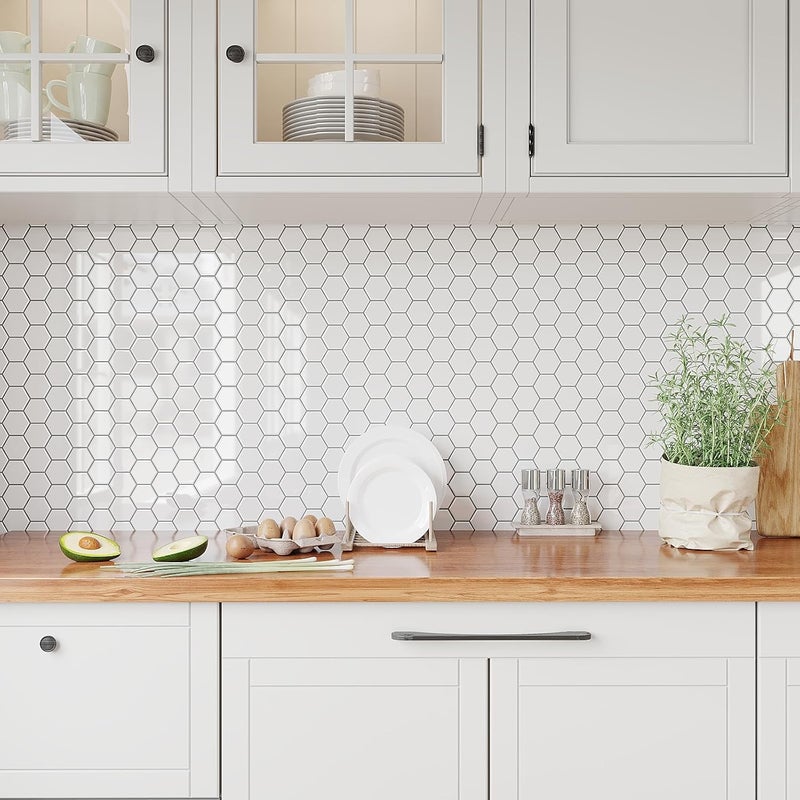 White Hexagon Kitchen Backsplash Tiles Peel and Stick Backsplash Wall Tiles for Bathroom 24 Sheets Waterproof Renter Friendly Ceramic Stick on Tile for Shower Wall Laundry Room 12''x12'' - Image 2